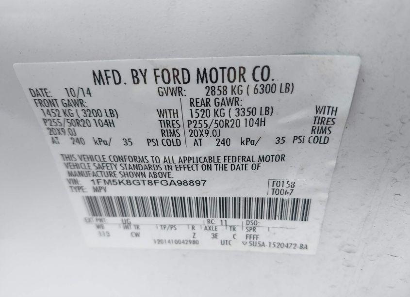 Photo 9 of 2015 Ford Explorer SPORT (VIN 1FM5K8GT8FGA98897)