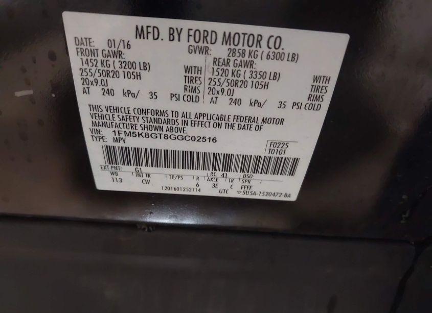 Photo 9 of 2016 Ford Explorer SPORT (VIN 1FM5K8GT8GGC02516)