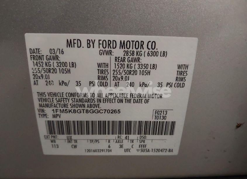Photo 9 of 2016 Ford Explorer SPORT (VIN 1FM5K8GT8GGC70265)