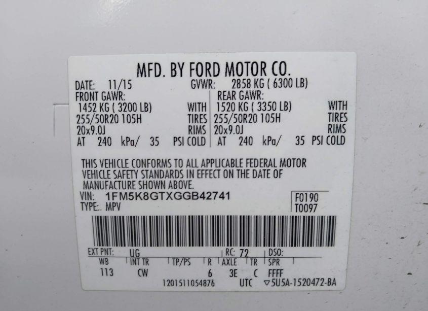 Photo 9 of 2016 Ford Explorer SPORT (VIN 1FM5K8GTXGGB42741)