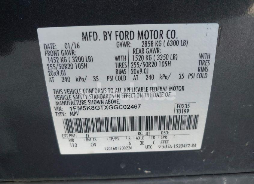 Photo 9 of 2016 Ford Explorer SPORT (VIN 1FM5K8GTXGGC02467)