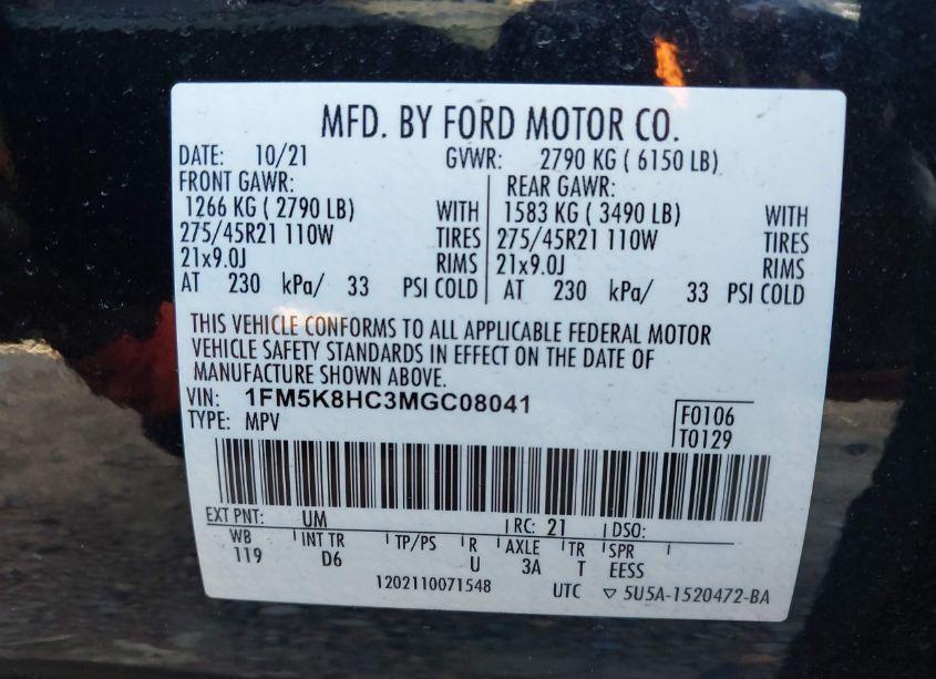 Photo 9 of 2021 Ford Explorer PLATINUM (VIN 1FM5K8HC3MGC08041)