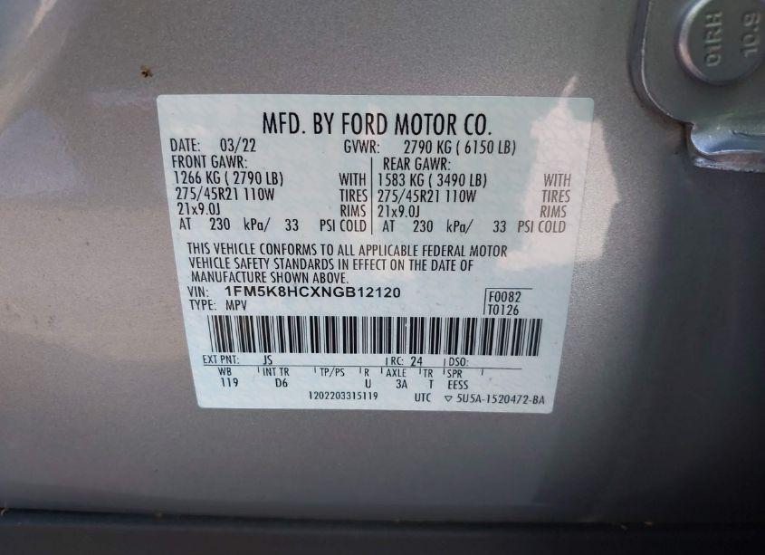 Photo 9 of 2022 Ford Explorer PLATINUM (VIN 1FM5K8HCXNGB12120)