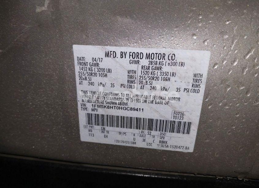 Photo 9 of 2017 Ford Explorer PLATINUM (VIN 1FM5K8HT0HGC89411)