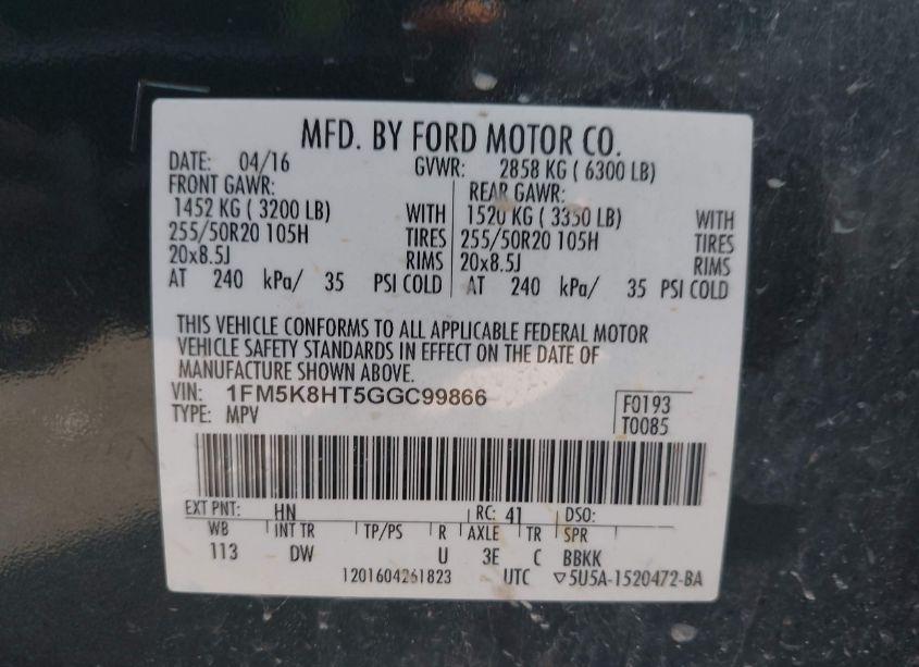 Photo 9 of 2016 Ford Explorer PLATINUM (VIN 1FM5K8HT5GGC99866)