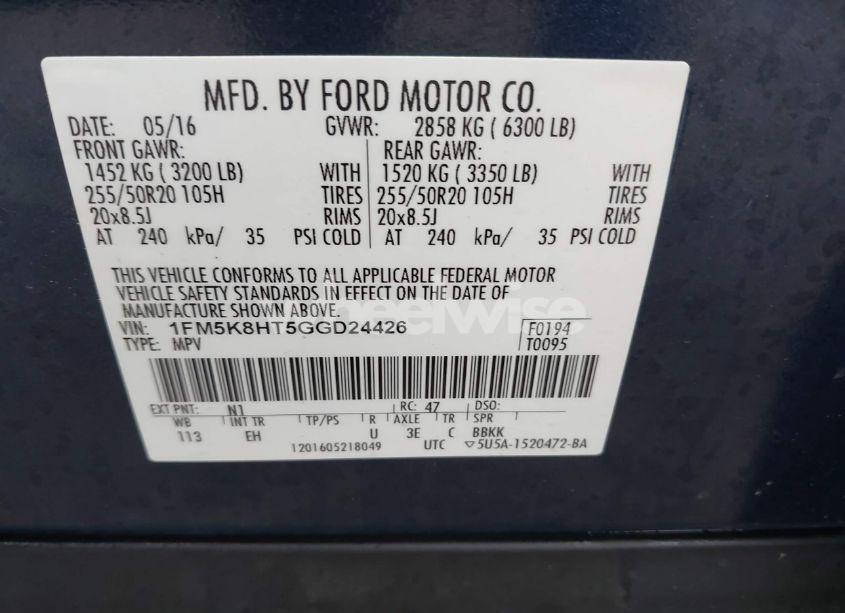 Photo 9 of 2016 Ford Explorer PLATINUM (VIN 1FM5K8HT5GGD24426)