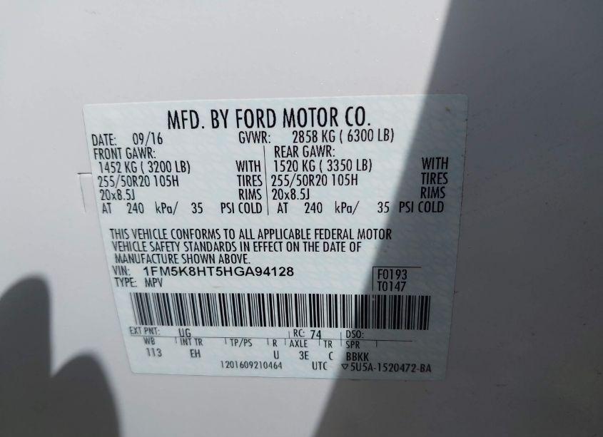 Photo 9 of 2017 Ford Explorer PLATINUM (VIN 1FM5K8HT5HGA94128)