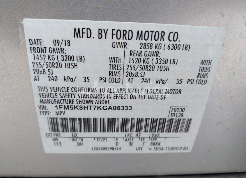 Photo 9 of 2019 Ford Explorer PLATINUM (VIN 1FM5K8HT7KGA06333)