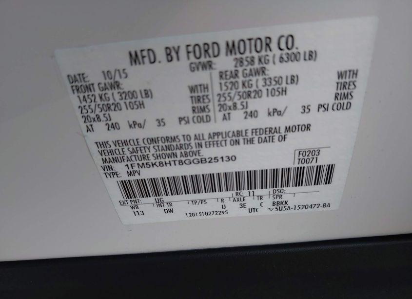 Photo 9 of 2016 Ford Explorer PLATINUM (VIN 1FM5K8HT8GGB25130)