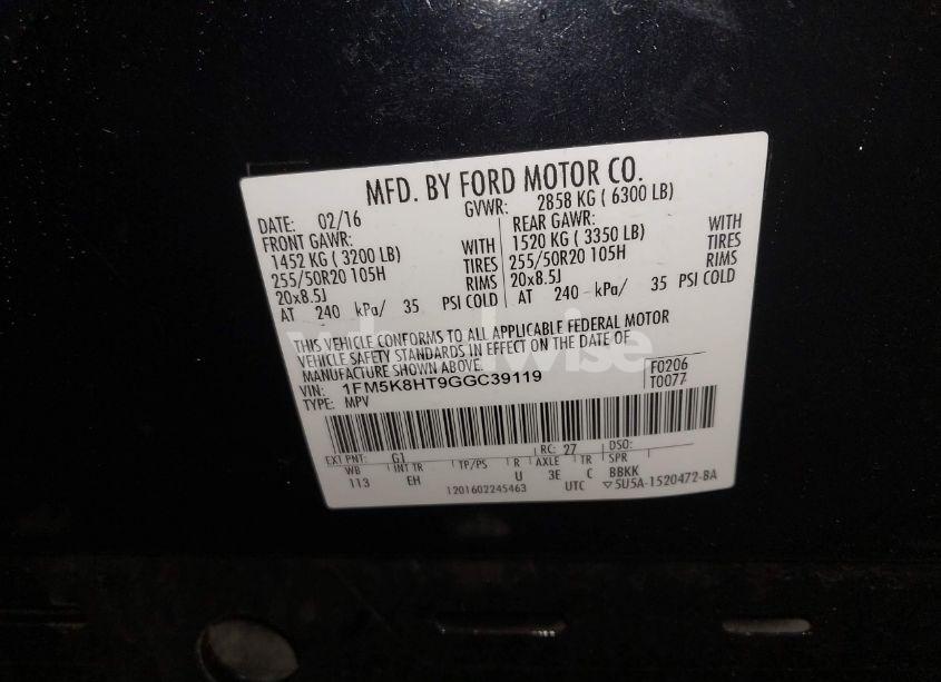 Photo 9 of 2016 Ford Explorer PLATINUM (VIN 1FM5K8HT9GGC39119)