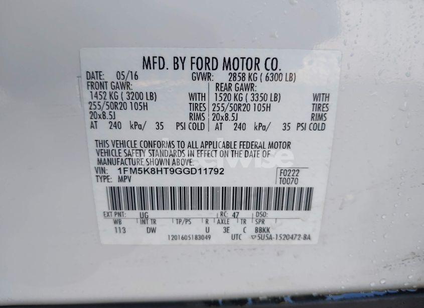 Photo 9 of 2016 Ford Explorer PLATINUM (VIN 1FM5K8HT9GGD11792)