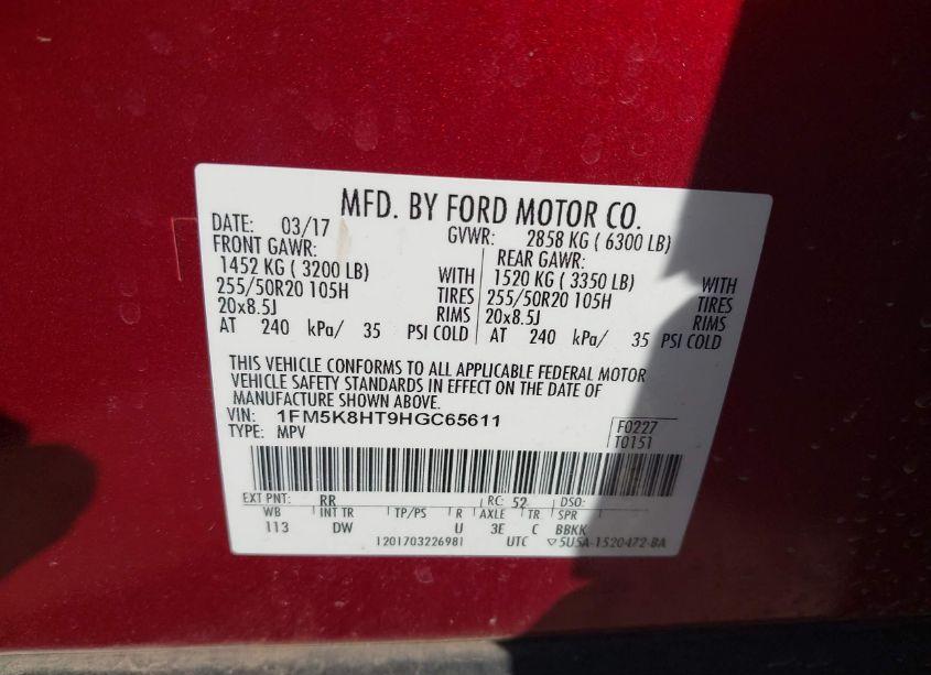 Photo 9 of 2017 Ford Explorer PLATINUM (VIN 1FM5K8HT9HGC65611)