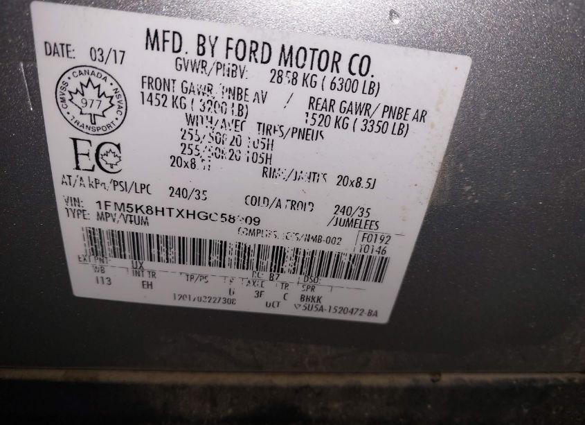 Photo 9 of 2017 Ford Explorer PLATINUM (VIN 1FM5K8HTXHGC58909)