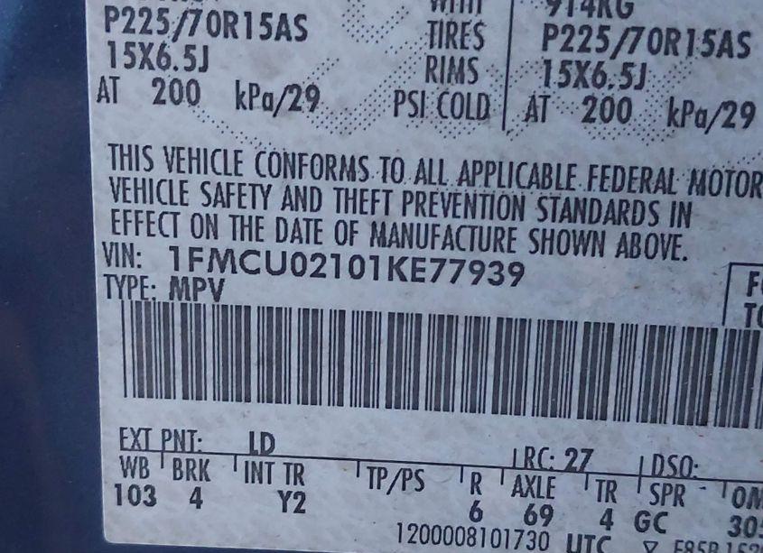 Photo 9 of 2001 Ford Escape XLS (VIN 1FMCU02101KE77939)