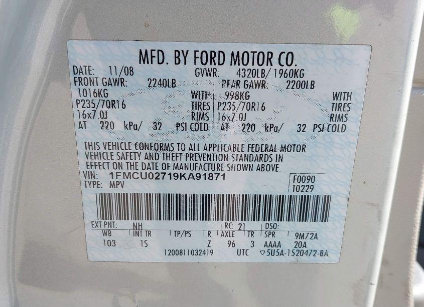 Photo 9 of 2009 Ford Escape XLS (VIN 1FMCU02719KA91871)