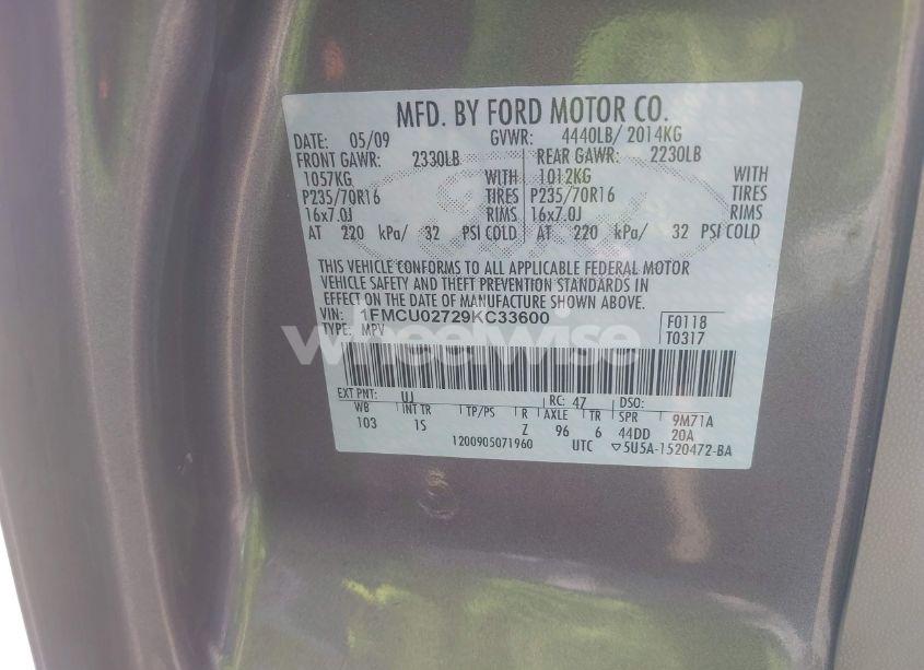 Photo 9 of 2009 Ford Escape XLS/XLS MANUAL (VIN 1FMCU02729KC33600)