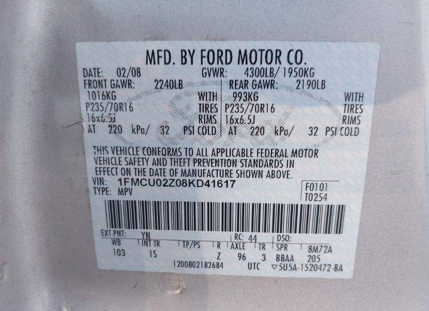 Photo 9 of 2008 Ford Escape XLS/XLS MANUAL (VIN 1FMCU02Z08KD41617)