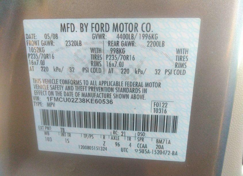 Photo 9 of 2008 Ford Escape XLS/XLS MANUAL (VIN 1FMCU02Z38KE60536)