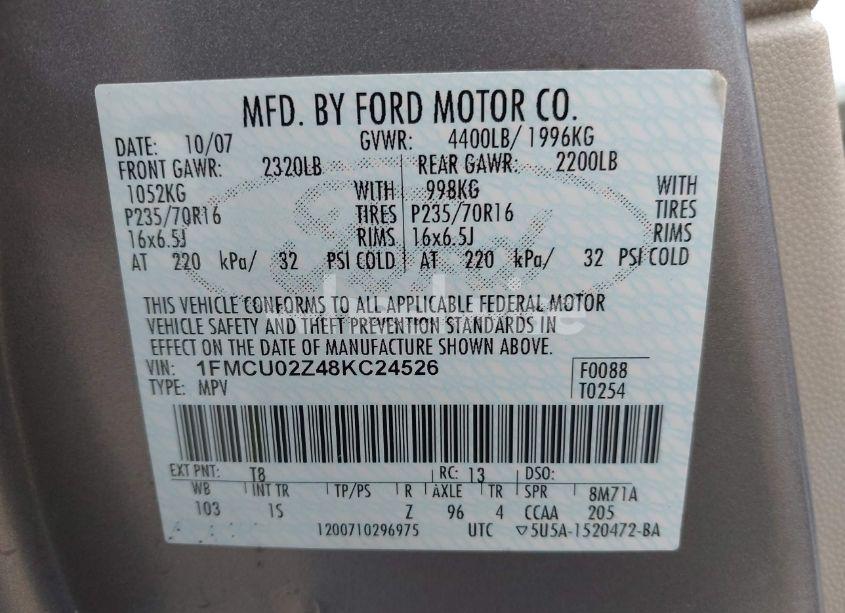 Photo 9 of 2008 Ford Escape XLS/XLS MANUAL (VIN 1FMCU02Z48KC24526)