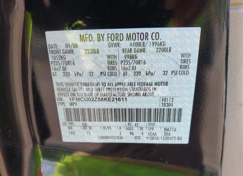 Photo 9 of 2008 Ford Escape XLS/XLS MANUAL (VIN 1FMCU02Z58KE21611)