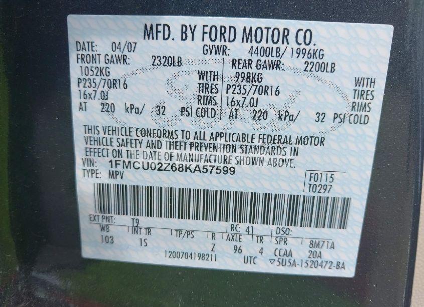 Photo 9 of 2008 Ford Escape XLS (VIN 1FMCU02Z68KA57599)