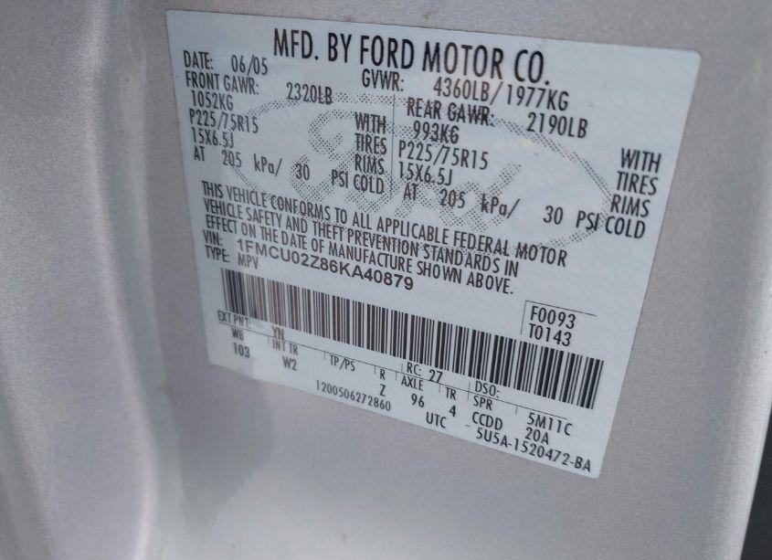 Photo 9 of 2006 Ford Escape XLS (VIN 1FMCU02Z86KA40879)