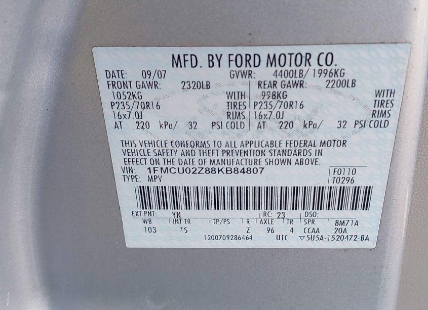 Photo 9 of 2008 Ford Escape XLS/XLS MANUAL (VIN 1FMCU02Z88KB84807)
