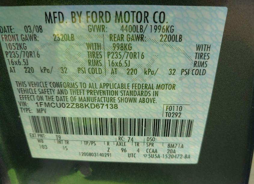 Photo 9 of 2008 Ford Escape XLS/XLS MANUAL (VIN 1FMCU02Z88KD67138)