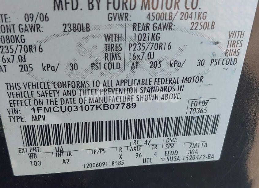 Photo 9 of 2007 Ford Escape XLT/XLT SPORT (VIN 1FMCU03107KB07789)