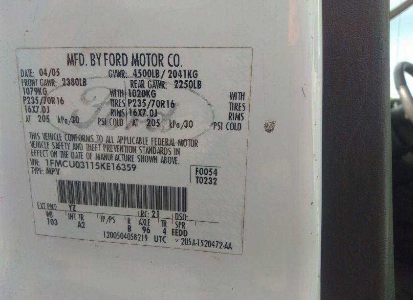 Photo 9 of 2005 Ford Escape XLT (VIN 1FMCU03115KE16359)