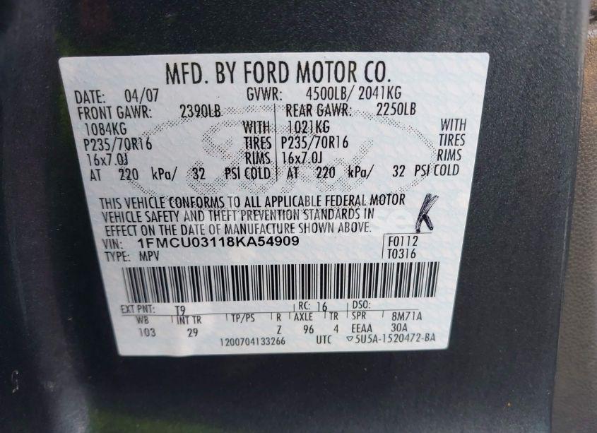 Photo 9 of 2008 Ford Escape XLT (VIN 1FMCU03118KA54909)