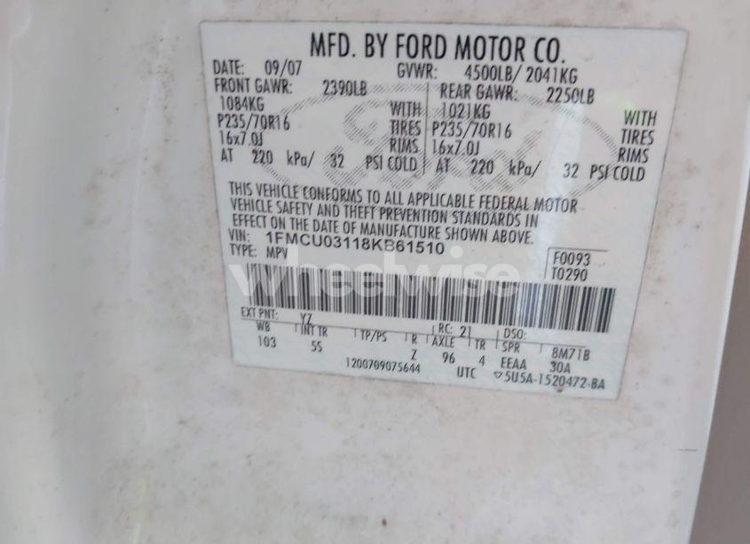 Photo 9 of 2008 Ford Escape XLT (VIN 1FMCU03118KB61510)