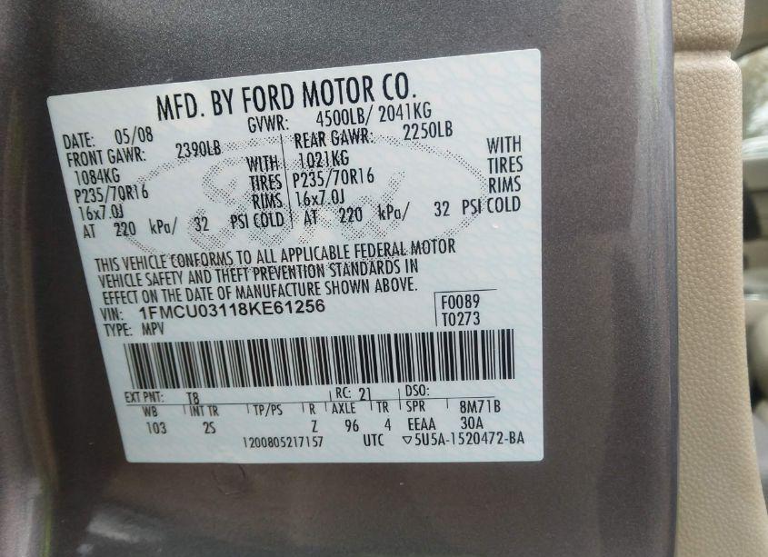 Photo 9 of 2008 Ford Escape XLT (VIN 1FMCU03118KE61256)