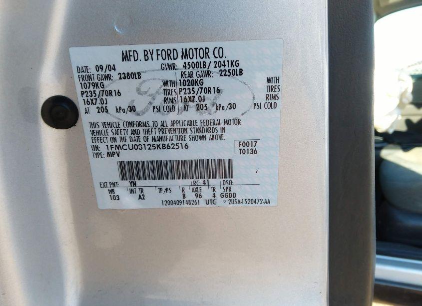 Photo 9 of 2005 Ford Escape XLT (VIN 1FMCU03125KB62516)