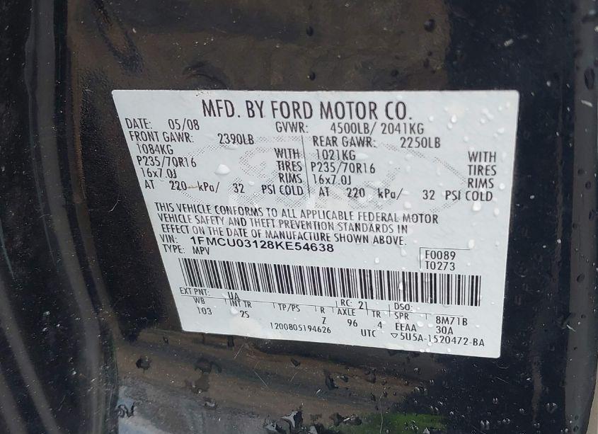 Photo 9 of 2008 Ford Escape XLT (VIN 1FMCU03128KE54638)