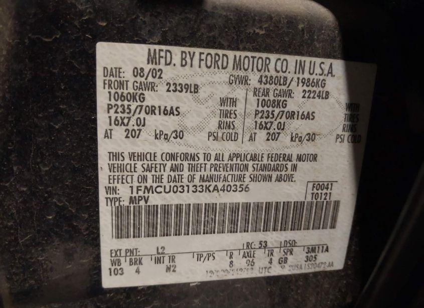 Photo 9 of 2003 Ford Escape XLT (VIN 1FMCU03133KA40356)