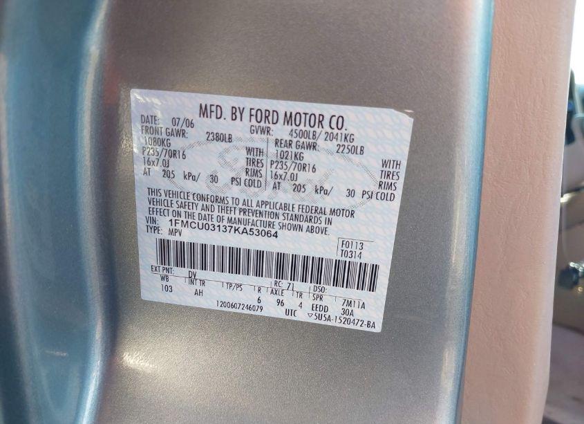 Photo 9 of 2007 Ford Escape XLT/XLT SPORT (VIN 1FMCU03137KA53064)