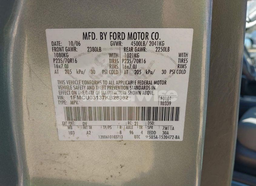 Photo 9 of 2007 Ford Escape XLT/XLT SPORT (VIN 1FMCU03137KB28362)