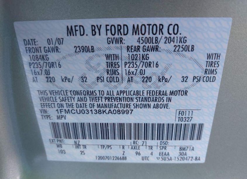 Photo 9 of 2008 Ford Escape XLT (VIN 1FMCU03138KA08997)