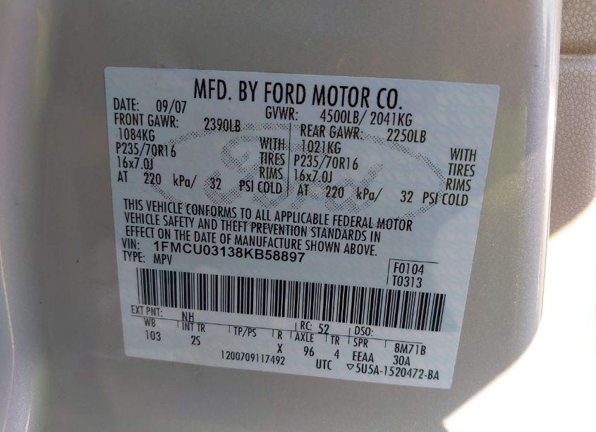 Photo 9 of 2008 Ford Escape XLT (VIN 1FMCU03138KB58897)
