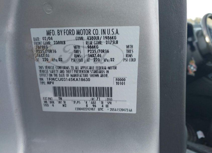 Photo 9 of 2005 Ford Escape XLT (VIN 1FMCU03145KA18630)