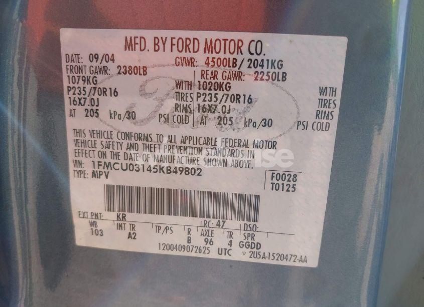 Photo 9 of 2005 Ford Escape XLT (VIN 1FMCU03145KB49802)