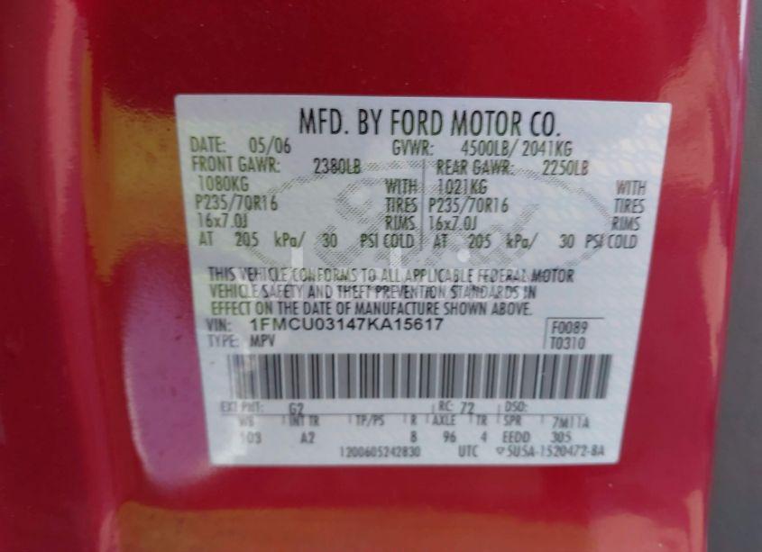 Photo 9 of 2007 Ford Escape XLT/XLT SPORT (VIN 1FMCU03147KA15617)