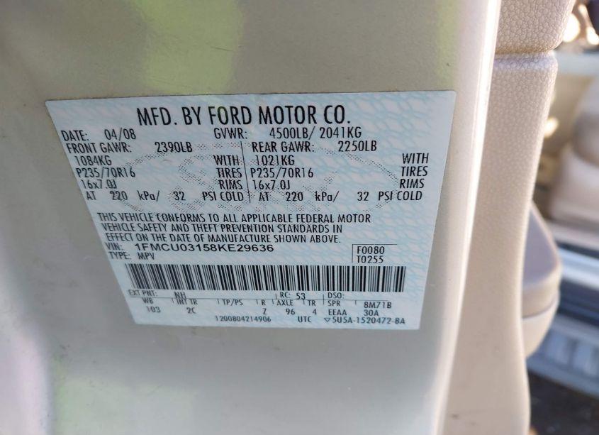 Photo 9 of 2008 Ford Escape XLT (VIN 1FMCU03158KE29636)