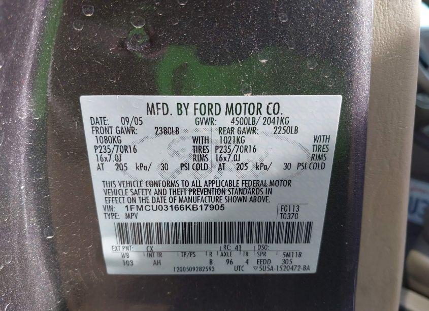 Photo 9 of 2006 Ford Escape XLT/XLT SPORT (VIN 1FMCU03166KB17905)