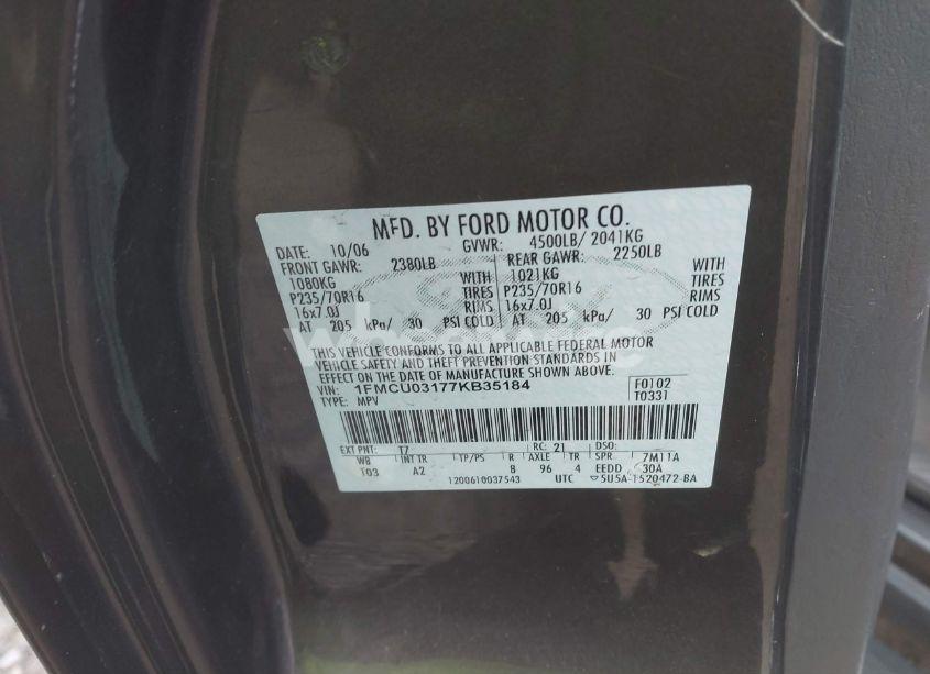 Photo 9 of 2007 Ford Escape XLT/XLT SPORT (VIN 1FMCU03177KB35184)