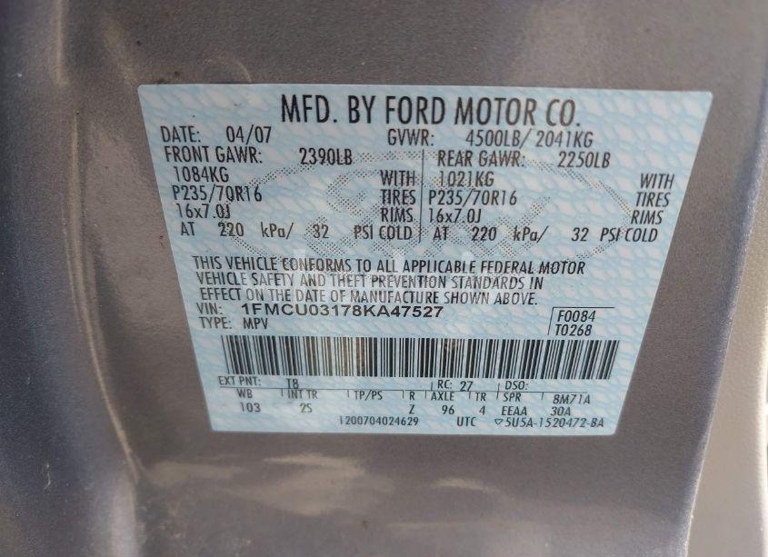 Photo 9 of 2008 Ford Escape XLT (VIN 1FMCU03178KA47527)