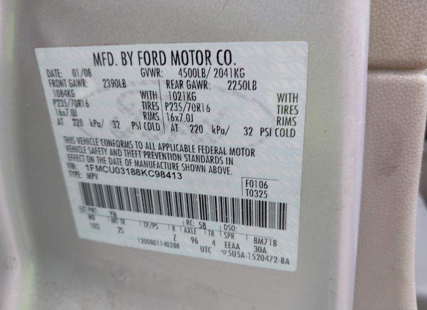 Photo 9 of 2008 Ford Escape XLT (VIN 1FMCU03188KC98413)