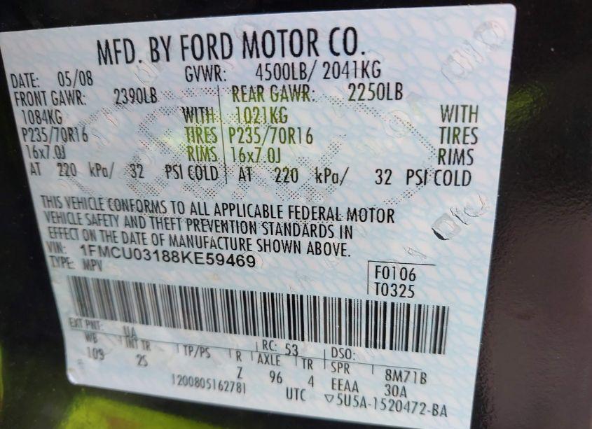 Photo 9 of 2008 Ford Escape XLT (VIN 1FMCU03188KE59469)