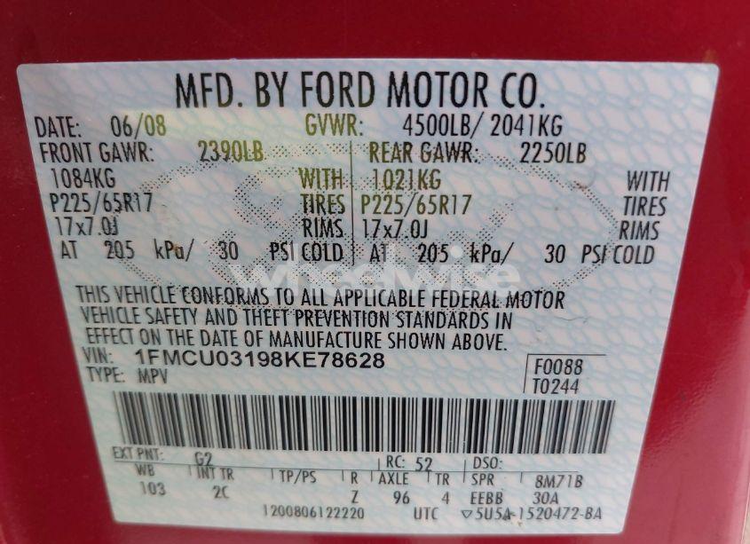 Photo 9 of 2008 Ford Escape XLT (VIN 1FMCU03198KE78628)